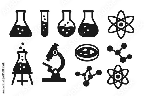 Science icons set with lab equipment, atomic and molecular symbols, microscope, petri dish, test tubes, chemical flasks, modern black silhouette vector collection, education and research concept