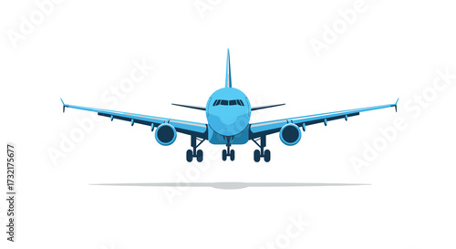 A front view of a blue airplane, wings spread, descending towards the viewer.