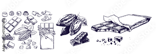 Cocoa and chocolate set. Hand drawn sketch drawings. Chocolate bar and pieces, cocoa pod and cocoa beans bag. Retro style vector illustrations collection