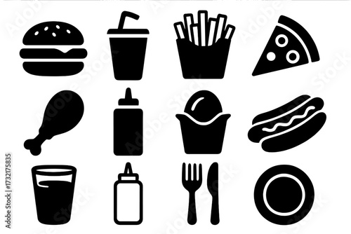 Silhouette icons of fast food and dining essentials in black and white, vector cartoon illustration, hamburger, fries, pizza, soda, hot dog, chicken leg, utensils, ketchup and mustard bottles, set
