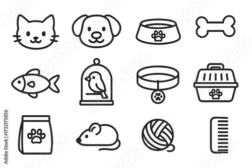Simple outline icons of pets and pet accessories, vector cartoon illustration set with transparent background, includes cat, dog, fish, bird, mouse, food, collar, comb, toy, carrier, and bowl icons