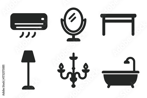 Interior design glyph icon set for home decor and furniture. Vector symbols of air conditioner, mirror, table, lamp, chandelier, bathtub. For web, mobile app, and print.