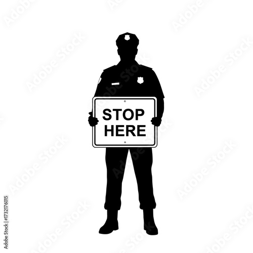 Silhouette of a police officer holding a sign that reads "STOP HERE.".