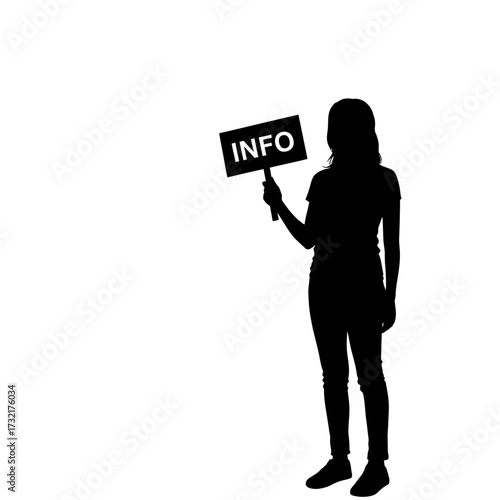 Silhouette of a woman holding a sign with the word "INFO" on it, against a white background.