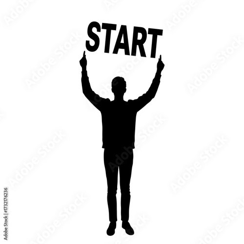 Silhouette of a person holding a "START" sign above their head with both hands.