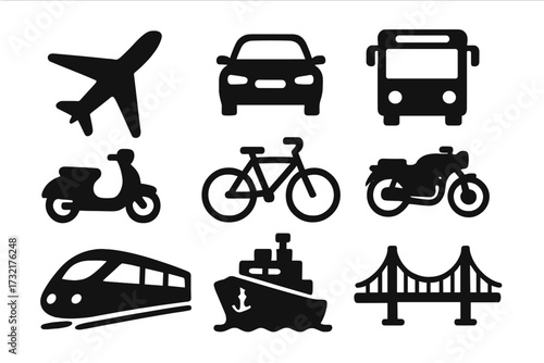 Silhouette icons of various transport modes for modern design, vector cartoon illustration set with airplane, car, bus, scooter, bicycle, motorcycle, train, ship, bridge, transparent background