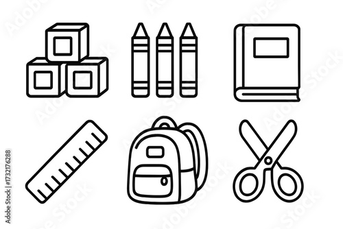 Simple outline icons of school supplies including blocks, crayons, book, backpack, ruler, scissors. Vector cartoon illustration set with transparent background, educational tools collection