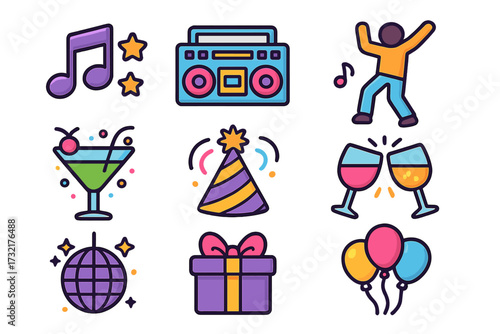 Vibrant party icon set with music notes, dancing figure, drinks, celebration hat, clinking glasses, disco ball, gift box, and colorful balloons, cartoon style vector illustration