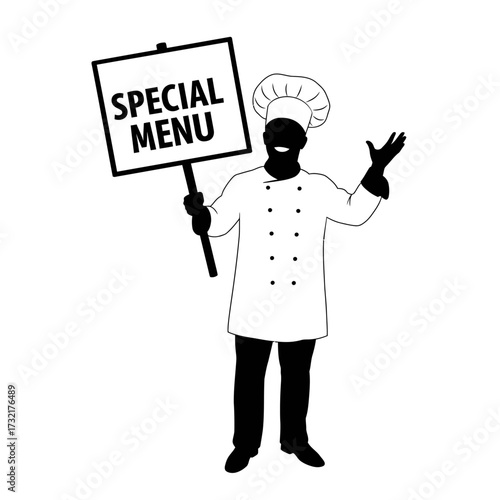 Silhouette of a chef holding a sign announcing a special menu, welcoming guests.