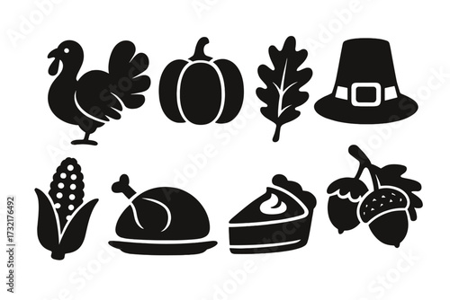 Thanksgiving icons festive silhouette symbols celebrating autumn harvest traditions, turkey, pumpkin, pilgrim hat, corn, roasted turkey, pumpkin pie, acorns, harvest celebration vector set