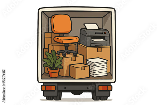 Hand lettering we've moved concept with office furniture and equipment in back of a moving truck, packed cardboard boxes, swivel chair, printer, and documents, plant inside transport van