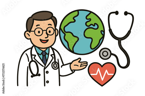 World Health Day vector illustration with doctor, stethoscope, cardiogram icon, medical care concept, healthcare professional, health awareness, transparent background, cartoon style