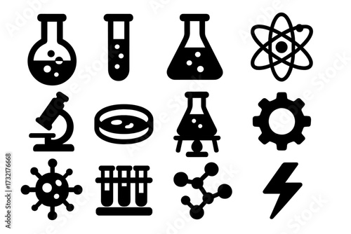 Science icons collection with lab equipment and symbols in bold silhouette style, vector cartoon illustrations, transparent background, medical research, chemistry, biology, laboratory tools set