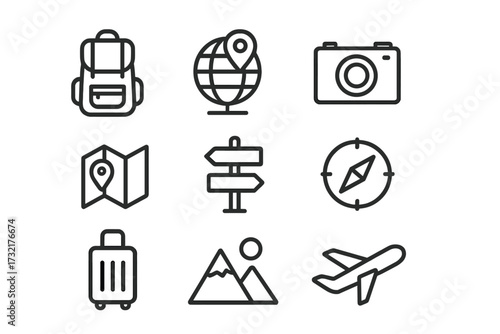 Minimalist travel icon collection black outline set with backpack, globe, map, camera, compass, suitcase, mountain, airplane. Vector cartoon illustration for modern adventure and journey concepts