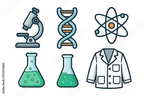 Science icons collection with microscope, DNA strand, atom model, laboratory beaker, and lab coat vector set, cartoon style, transparent background, educational and scientific symbols illustration