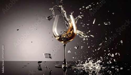 A wine glass falling and shattering, crystal shards sparkling on a plain background