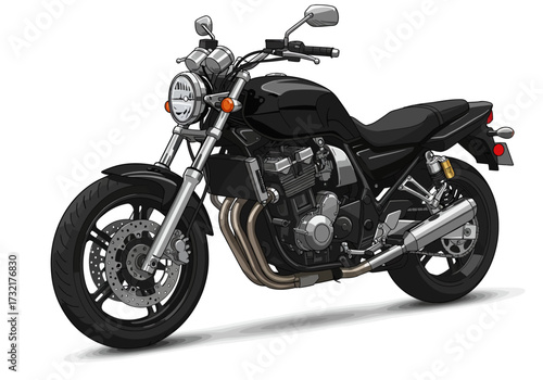 A sleek, black motorcycle is depicted, showcasing its details against a white background.