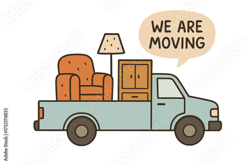 We are moving lettering quote. Pickup truck loaded with furniture for relocation to new home. Moving day concept. Armchair, lamp, cupboard in truck. Hand drawn flat vector art.