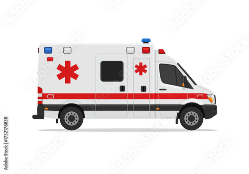 A white ambulance with red stripes and the Star of Life symbol, depicted in a flat, vector illustration style.