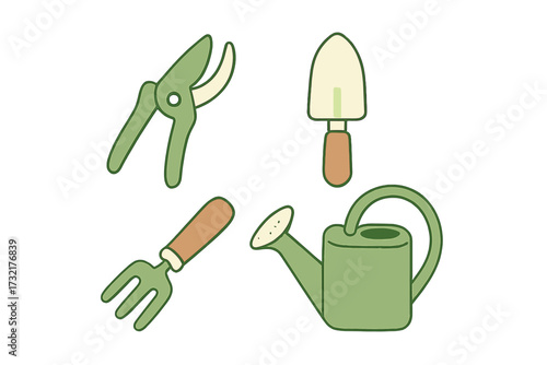 Essential gardening tools set featuring pruning shears hand trowel fork and watering can for horticulture activities