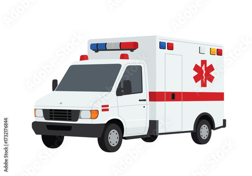 A white ambulance with red and blue lights, and a red Star of Life symbol on its side.