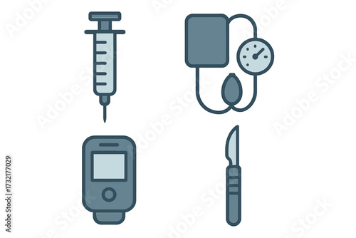 Essential healthcare instruments for clinics and hospitals, featuring a syringe, blood pressure monitor, glucose meter, and scalpel