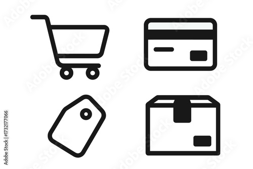 E-commerce shopping cart, credit card, price tag, and delivery box icons for online shopping and digital payments