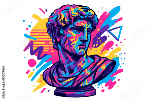 Retrowave abstract mixed media design with ancient statue bust and urban graffiti street art. 90s neon bright dynamic elements. Vaporwave pop art aesthetic with classic sculpture.