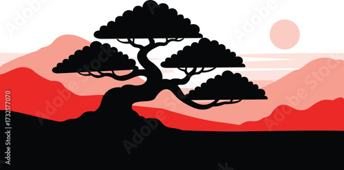 A stylized silhouette of a bonsai tree against a vibrant red and white sunset with layered mountains, evoking a sense of japanese art and minimalist design