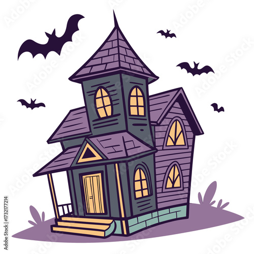 Spooky haunted house with bats flying around