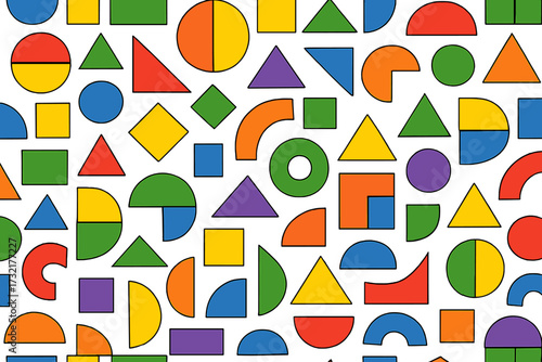 LGBT pride month seamless pattern with abstract geometric shapes. Rainbow flag colors background. Minimalistic contemporary vector mosaic texture for wrapping paper or fabric.