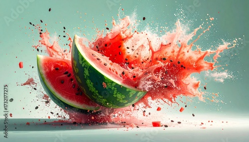 An abstract artistic scene of a watermelon shattering on a plain background