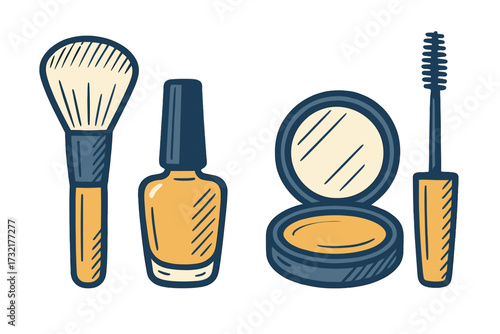 Collection of essential beauty products including makeup brush, nail polish, compact powder, and mascara