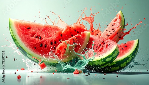An artistic view of a watermelon smashing dramatically against a plain surface