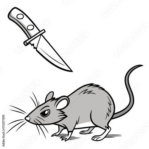 Cartoon rat with a knife floating above it