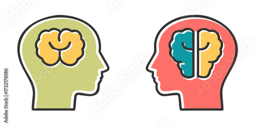 Two colorful human head silhouettes each with a brain