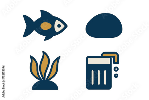 Modern flat design collection of stylized fish, smooth stone, leafy plant, and refreshing beer glass symbols for web, app, and print projects