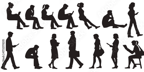 Black silhouettes of people working and relaxing