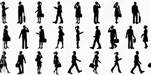 Black vector silhouettes of business people in various activities