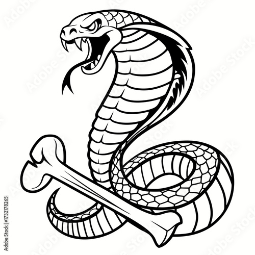 Cobra snake coiled around a bone, ready to strike