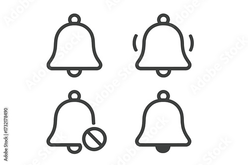 Notification bell icons set vector illustration with transparent background, alert, ringing, muted and disabled notification symbol design for app and web interface