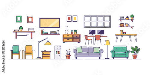 Set of Colorful Vector Icons Representing Home Interior Design