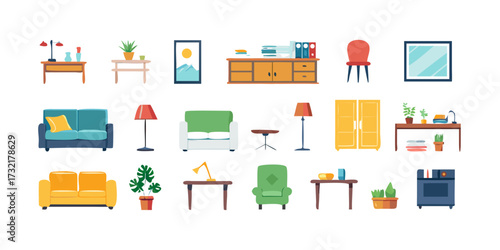 Set of Colorful Flat Vector Home Furniture Icons and Design Elements