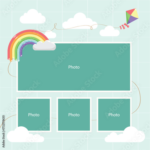 kids photo frame album template with kite clouds rainbow nature elements