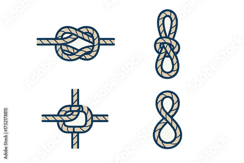 Detailed graphic representation of various essential rope knots including square knot and figure eight for maritime, climbing, and general utility purposes