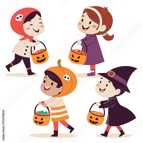 Four adorable children dressed in halloween costumes