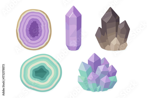 Diverse collection of natural crystal geodes and mineral gemstones in various shapes and vibrant colors for spiritual and decorative themes