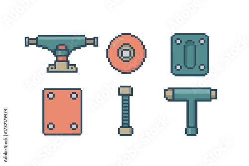 Essential skateboard components like trucks, wheels, and hardware in vibrant retro pixel art style