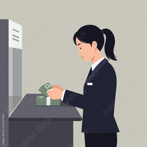 Woman counting money at a desk