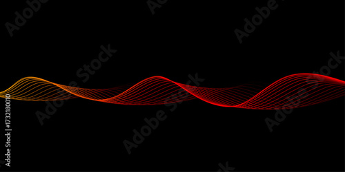 Abstract Vector Flowing Wavy Light Lines in Orange-Red on Black Background, Energy and Digital Technology Concept